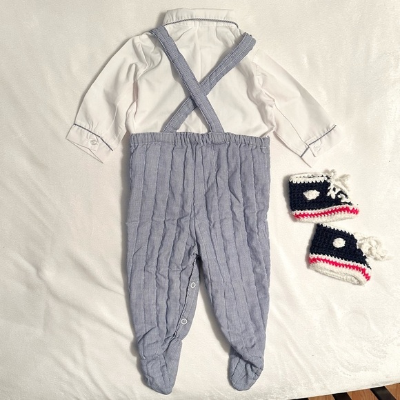 Vintage Petit Jouet 3pc Outfit Baby 6-9m Crane Truck Overalls Shirt Knit Booties - Picture 4 of 12